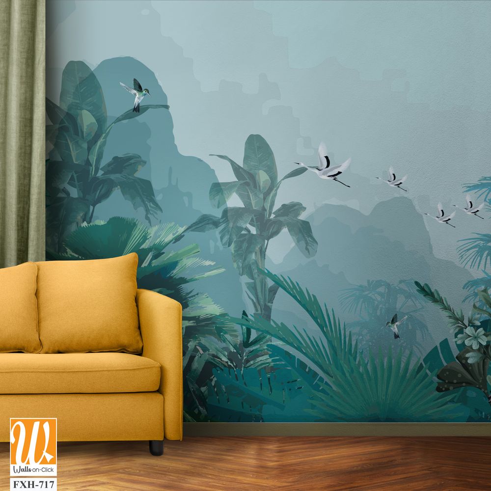 Tropical jungle wallpaper bird, Tropical leaves, tropical flowers wallpaper for digital printing. Exotic jungle wallpaper. [WP-FXH-717]