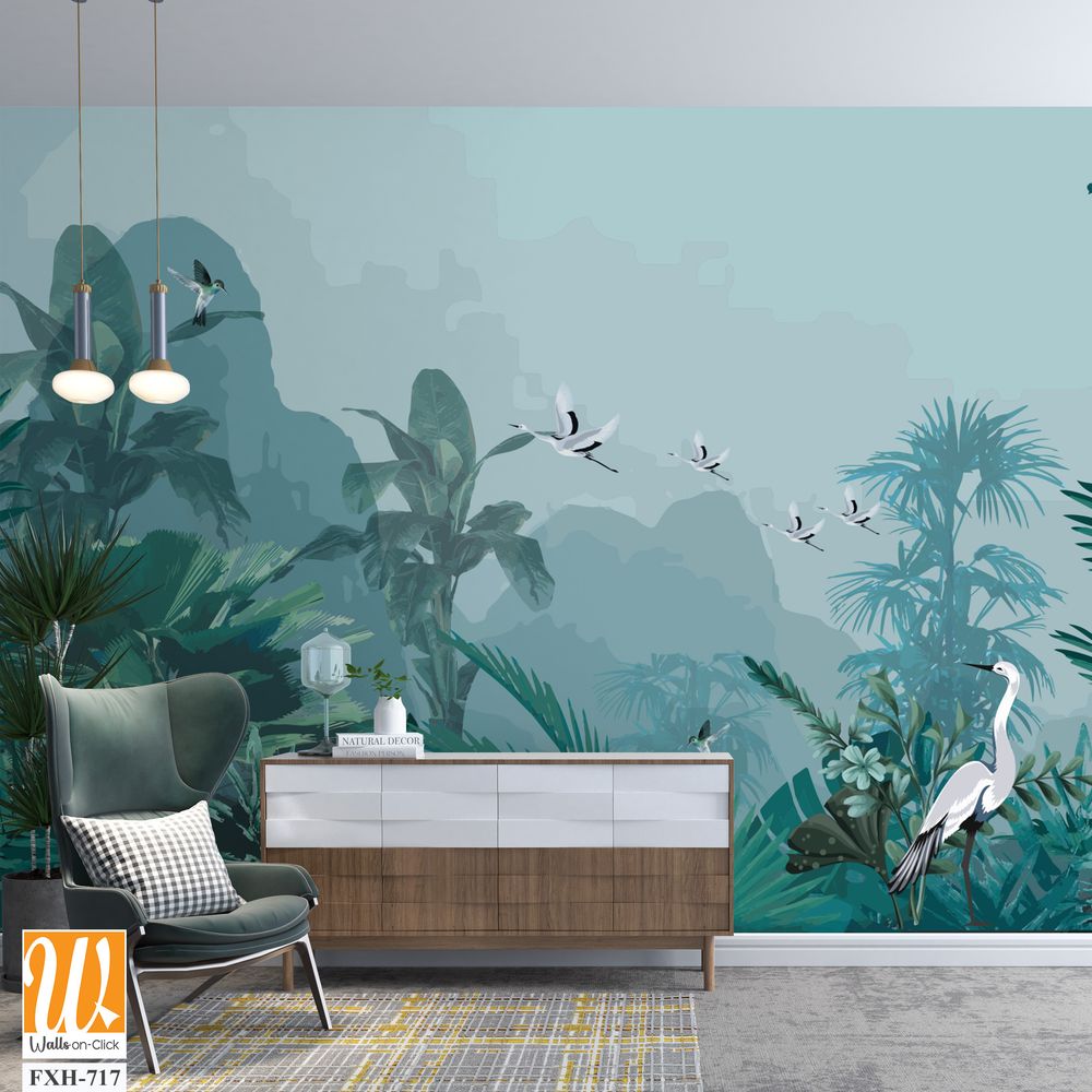 Tropical jungle wallpaper bird, Tropical leaves, tropical flowers wallpaper for digital printing. Exotic jungle wallpaper. [WP-FXH-717]