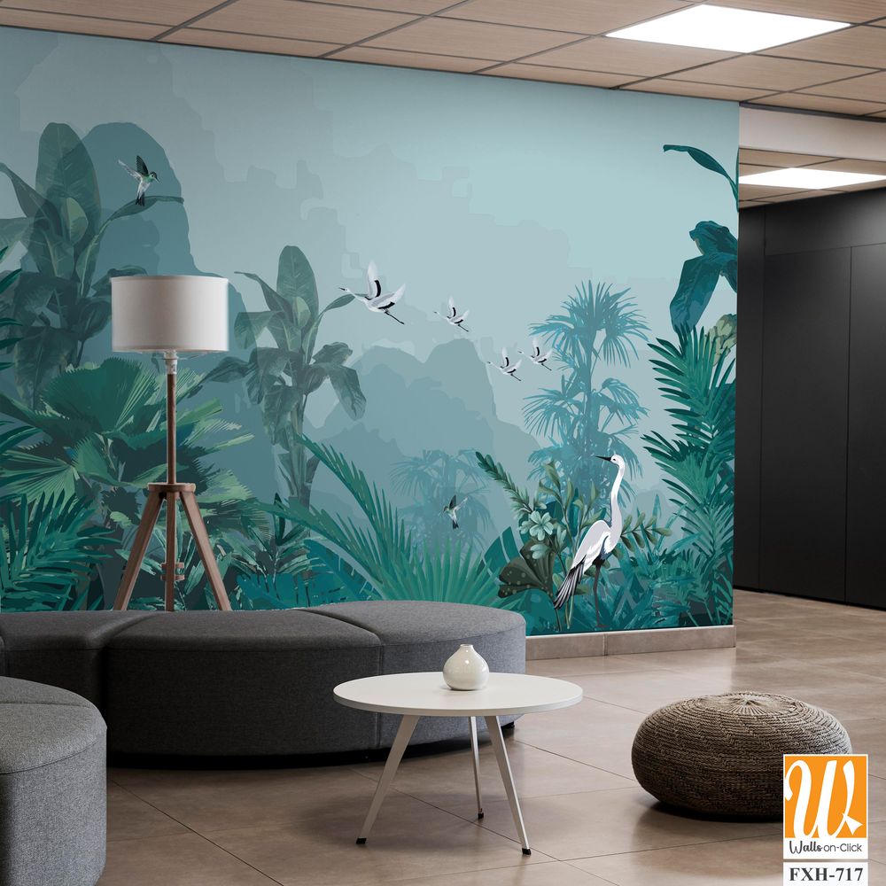 Tropical jungle wallpaper bird, Tropical leaves, tropical flowers wallpaper for digital printing. Exotic jungle wallpaper. [WP-FXH-717]