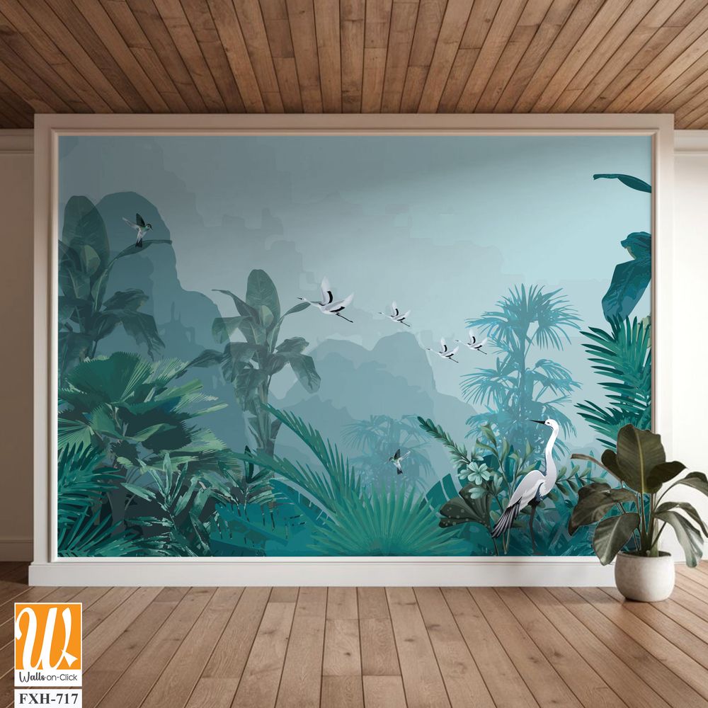 Tropical jungle wallpaper bird, Tropical leaves, tropical flowers wallpaper for digital printing. Exotic jungle wallpaper. [WP-FXH-717]