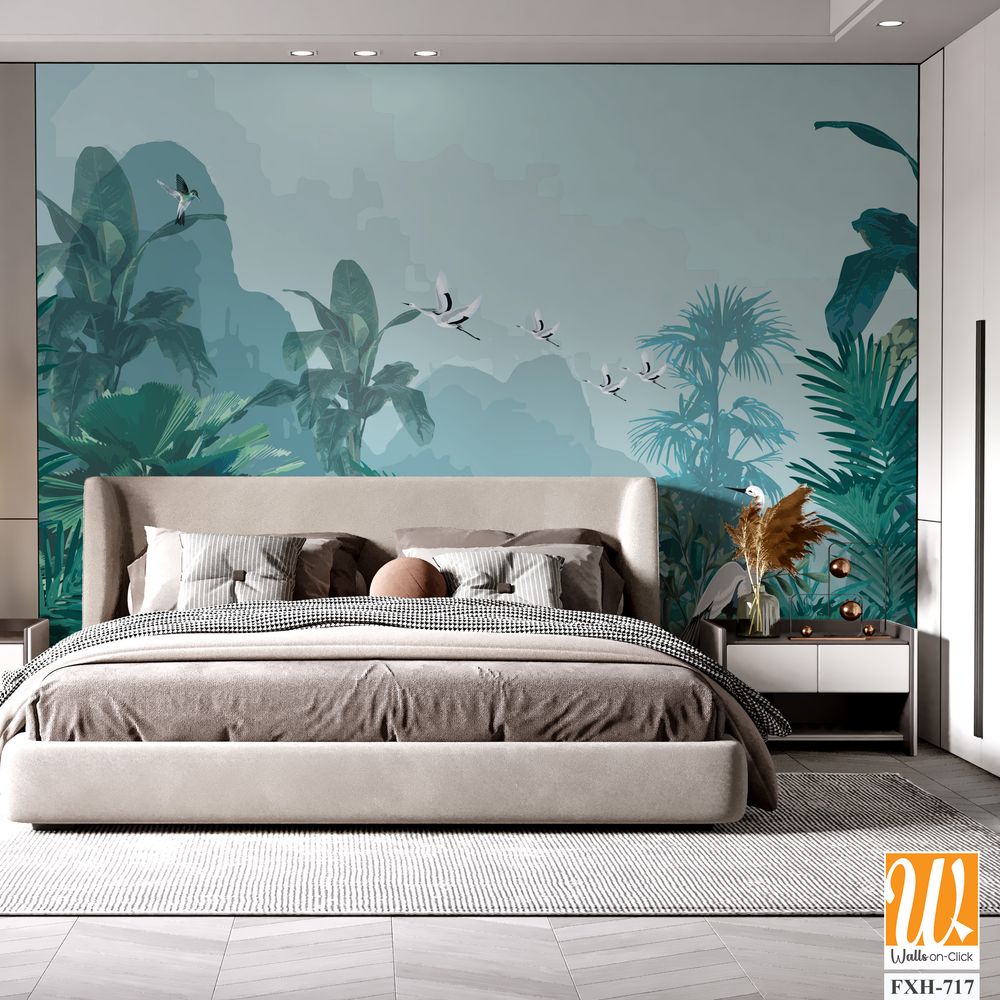 Tropical jungle wallpaper bird, Tropical leaves, tropical flowers wallpaper for digital printing. Exotic jungle wallpaper. [WP-FXH-717]