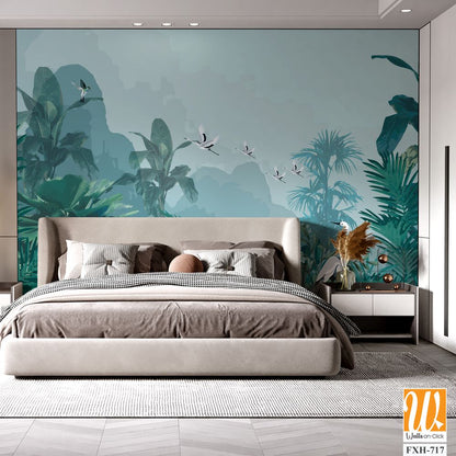 Tropical jungle wallpaper bird, Tropical leaves, tropical flowers wallpaper for digital printing. Exotic jungle wallpaper. [WP-FXH-717]