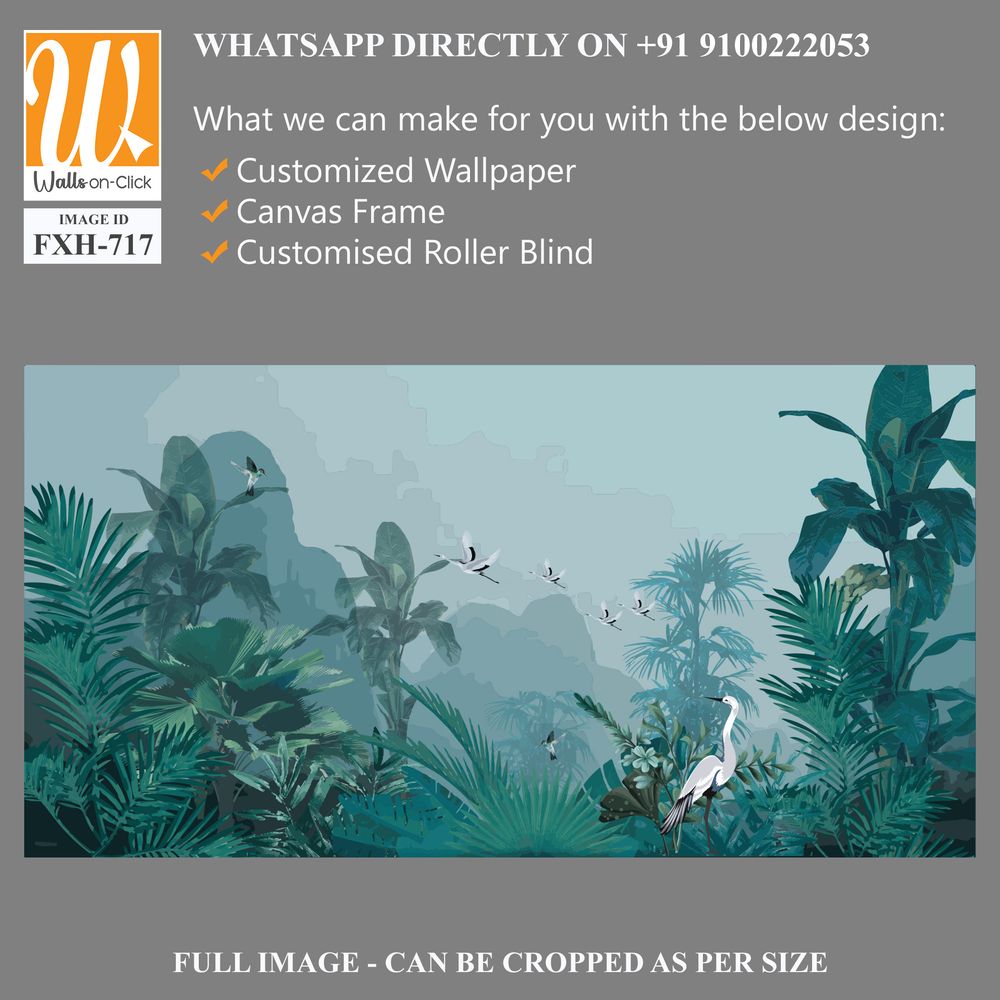 Tropical jungle wallpaper bird, Tropical leaves, tropical flowers wallpaper for digital printing. Exotic jungle wallpaper. [WP-FXH-717]