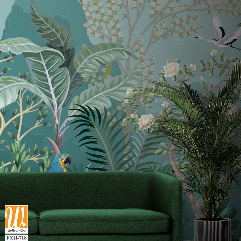 Tropical jungle wallpaper bird, Tropical leaves, tropical flowers wallpaper for digital printing. Exotic jungle wallpaper. [WP-FXH-718]