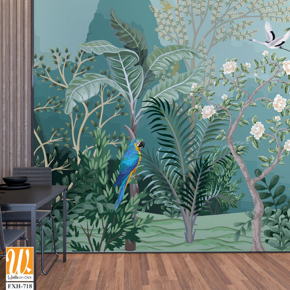 Tropical jungle wallpaper bird, Tropical leaves, tropical flowers wallpaper for digital printing. Exotic jungle wallpaper. [WP-FXH-718]