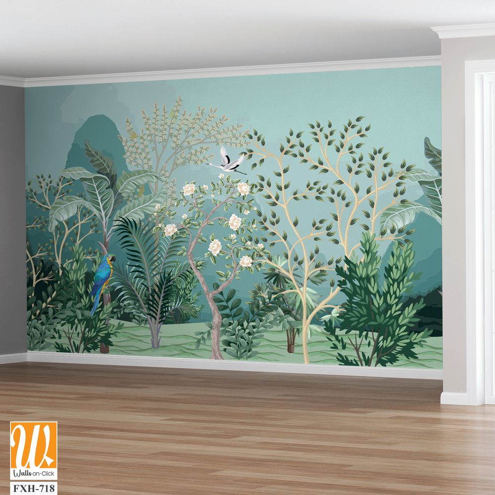 Tropical jungle wallpaper bird, Tropical leaves, tropical flowers wallpaper for digital printing. Exotic jungle wallpaper. [WP-FXH-718]