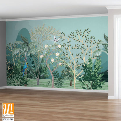 Tropical jungle wallpaper bird, Tropical leaves, tropical flowers wallpaper for digital printing. Exotic jungle wallpaper. [WP-FXH-718]