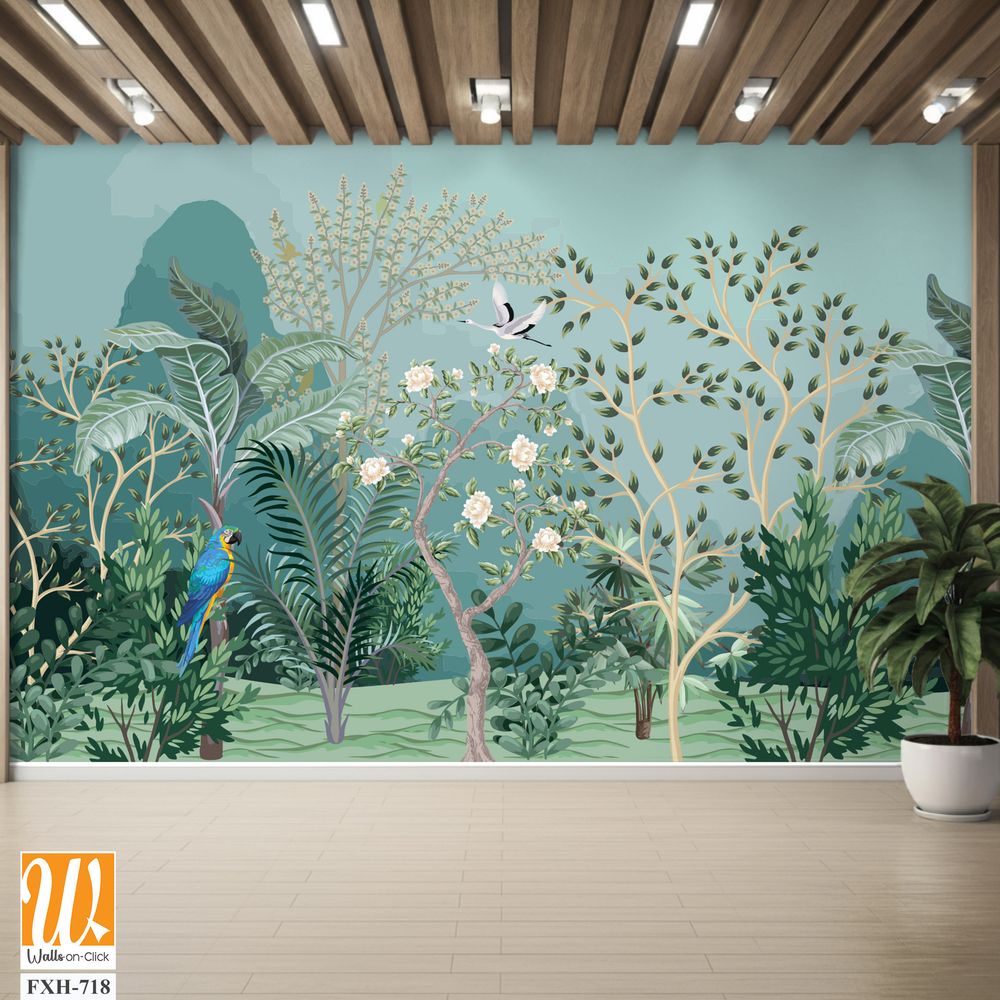 Tropical jungle wallpaper bird, Tropical leaves, tropical flowers wallpaper for digital printing. Exotic jungle wallpaper. [WP-FXH-718]