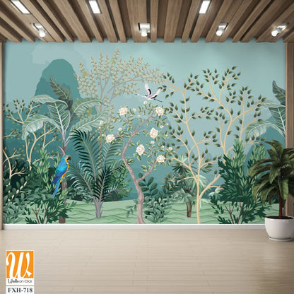 Tropical jungle wallpaper bird, Tropical leaves, tropical flowers wallpaper for digital printing. Exotic jungle wallpaper. [WP-FXH-718]