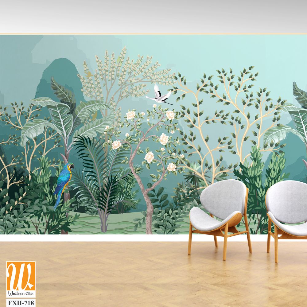 Tropical jungle wallpaper bird, Tropical leaves, tropical flowers wallpaper for digital printing. Exotic jungle wallpaper. [WP-FXH-718]