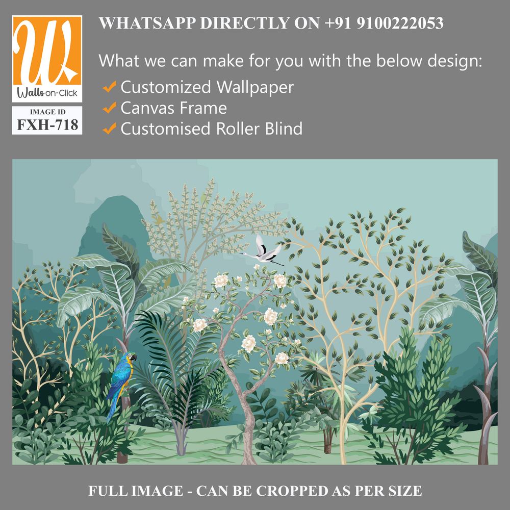 Tropical jungle wallpaper bird, Tropical leaves, tropical flowers wallpaper for digital printing. Exotic jungle wallpaper. [WP-FXH-718]
