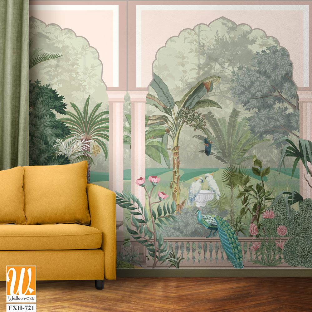 Jungle wall mural wallpaper, watercolor background, forest,birds, peacock. [WP-FXH-721]