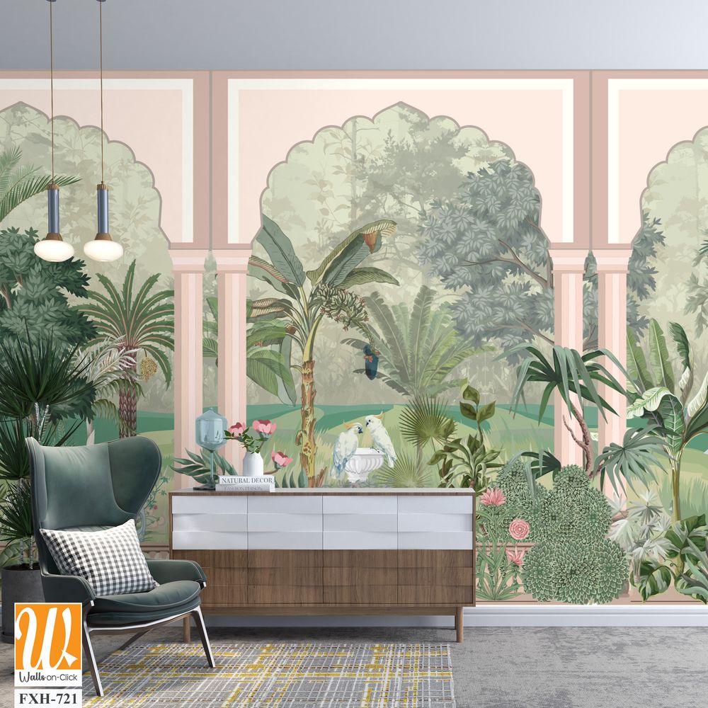 Jungle wall mural wallpaper, watercolor background, forest,birds, peacock. [WP-FXH-721]