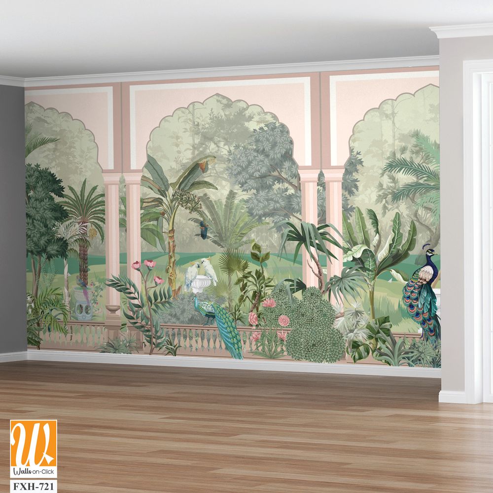 Jungle wall mural wallpaper, watercolor background, forest,birds, peacock. [WP-FXH-721]