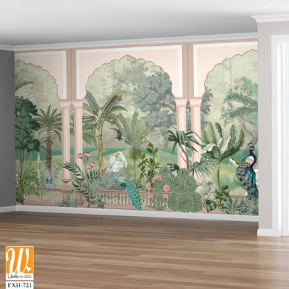 Jungle wall mural wallpaper, watercolor background, forest,birds, peacock. [WP-FXH-721]