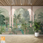 Jungle wall mural wallpaper, watercolor background, forest,birds, peacock. [WP-FXH-721]