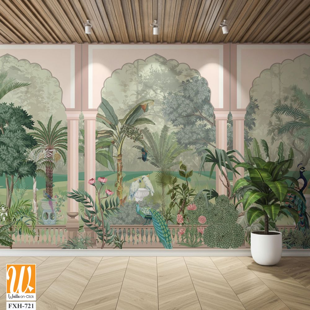 Jungle wall mural wallpaper, watercolor background, forest,birds, peacock. [WP-FXH-721]
