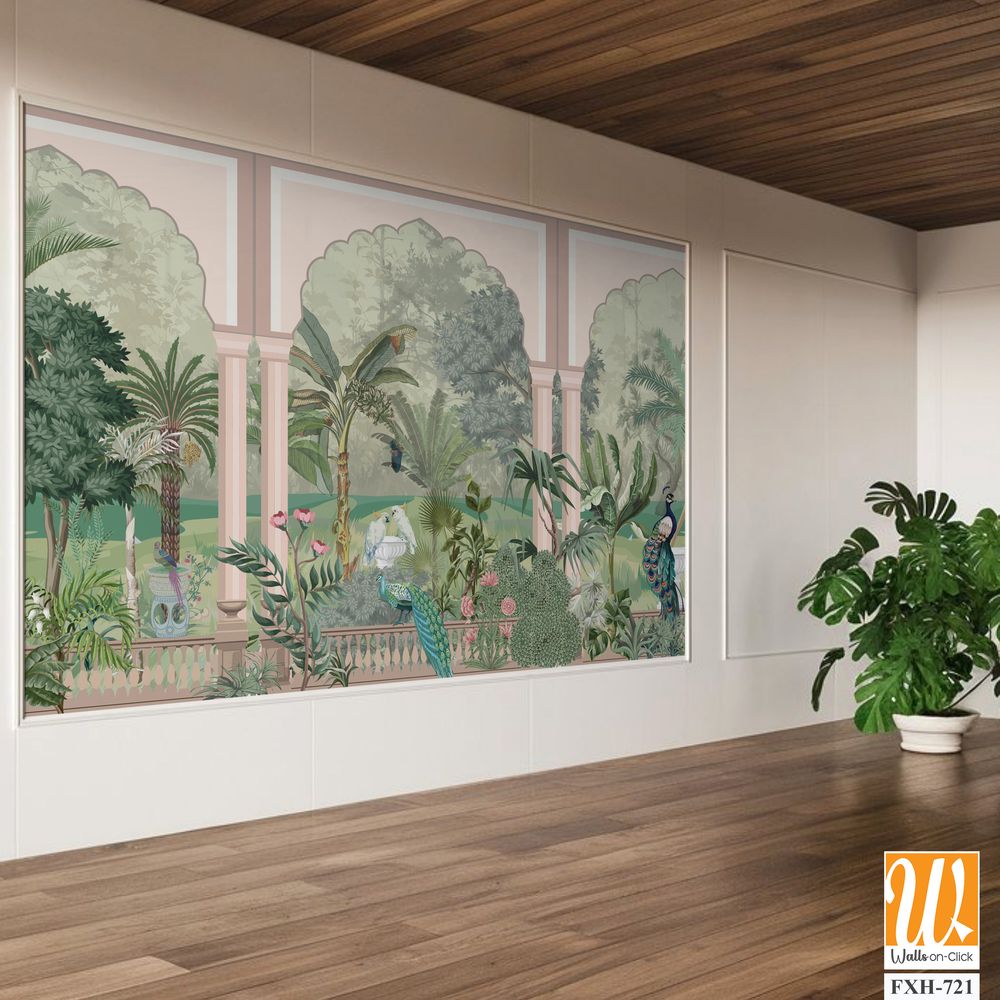 Jungle wall mural wallpaper, watercolor background, forest,birds, peacock. [WP-FXH-721]