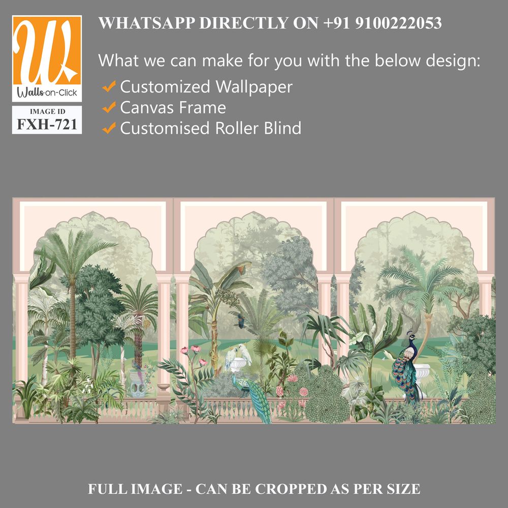 Jungle wall mural wallpaper, watercolor background, forest,birds, peacock. [WP-FXH-721]