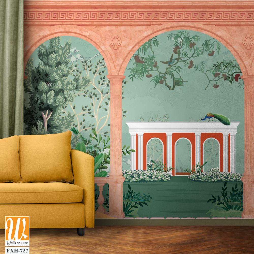 Ancient greek garden wallpaper.Greek, Roman, Greek arch, garden, peacock, wallpaper Illustrations. Roman architecture dome, fountain, parrot landscape illustration for wallpaper. [WP-FXH-727]