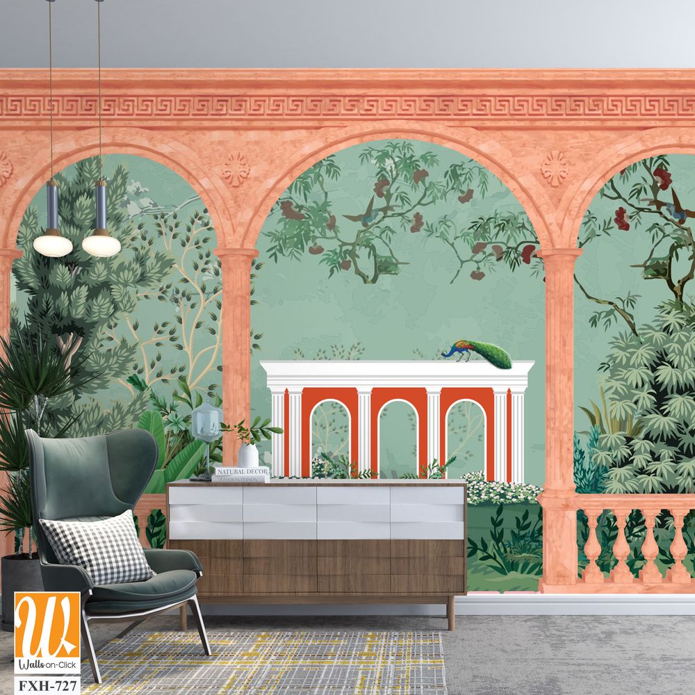 Ancient greek garden wallpaper.Greek, Roman, Greek arch, garden, peacock, wallpaper Illustrations. Roman architecture dome, fountain, parrot landscape illustration for wallpaper. [WP-FXH-727]
