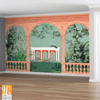 Ancient greek garden wallpaper.Greek, Roman, Greek arch, garden, peacock, wallpaper Illustrations. Roman architecture dome, fountain, parrot landscape illustration for wallpaper. [WP-FXH-727]