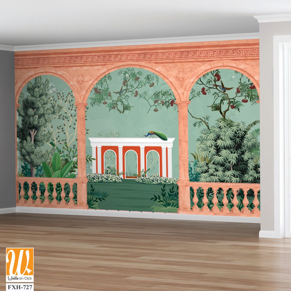 Ancient greek garden wallpaper.Greek, Roman, Greek arch, garden, peacock, wallpaper Illustrations. Roman architecture dome, fountain, parrot landscape illustration for wallpaper. [WP-FXH-727]