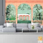 Ancient greek garden wallpaper.Greek, Roman, Greek arch, garden, peacock, wallpaper Illustrations. Roman architecture dome, fountain, parrot landscape illustration for wallpaper. [WP-FXH-727]