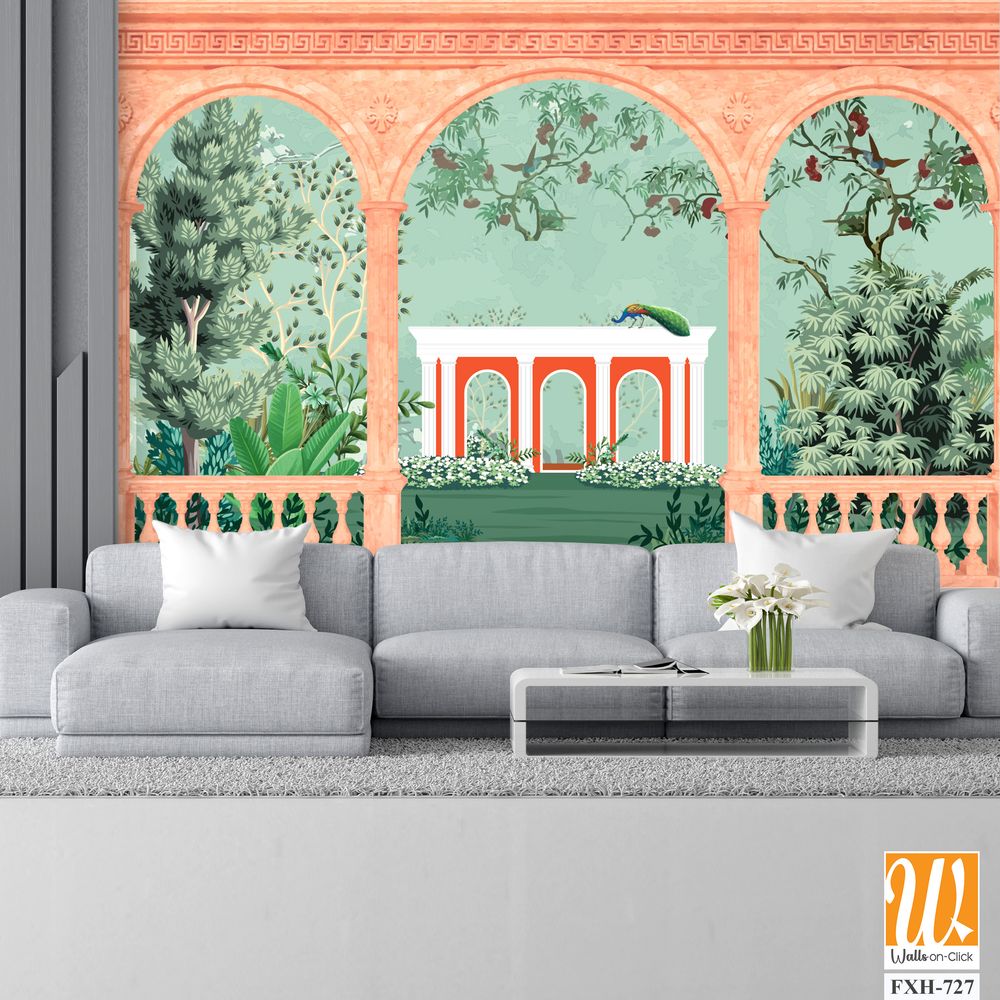 Ancient greek garden wallpaper.Greek, Roman, Greek arch, garden, peacock, wallpaper Illustrations. Roman architecture dome, fountain, parrot landscape illustration for wallpaper. [WP-FXH-727]