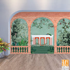 Ancient greek garden wallpaper.Greek, Roman, Greek arch, garden, peacock, wallpaper Illustrations. Roman architecture dome, fountain, parrot landscape illustration for wallpaper. [WP-FXH-727]