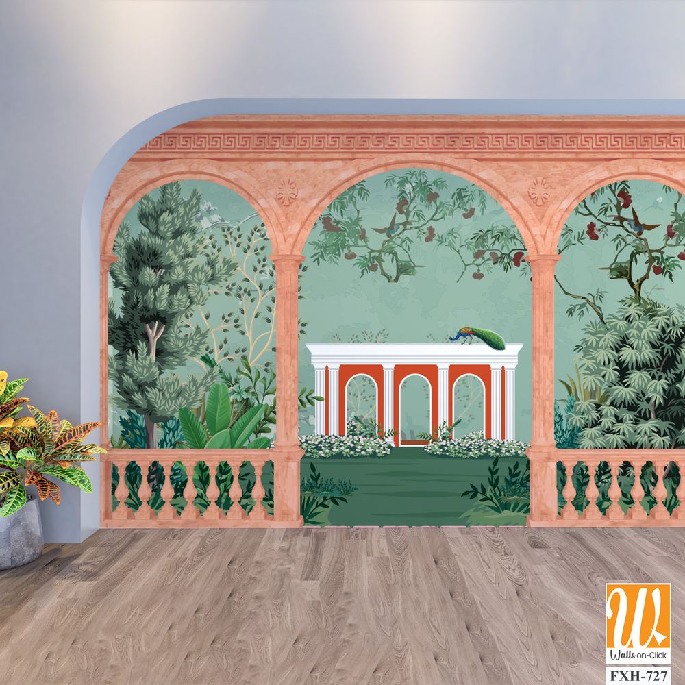 Ancient greek garden wallpaper.Greek, Roman, Greek arch, garden, peacock, wallpaper Illustrations. Roman architecture dome, fountain, parrot landscape illustration for wallpaper. [WP-FXH-727]