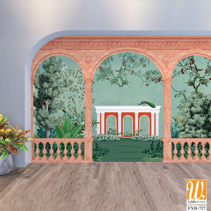 Ancient greek garden wallpaper.Greek, Roman, Greek arch, garden, peacock, wallpaper Illustrations. Roman architecture dome, fountain, parrot landscape illustration for wallpaper. [WP-FXH-727]