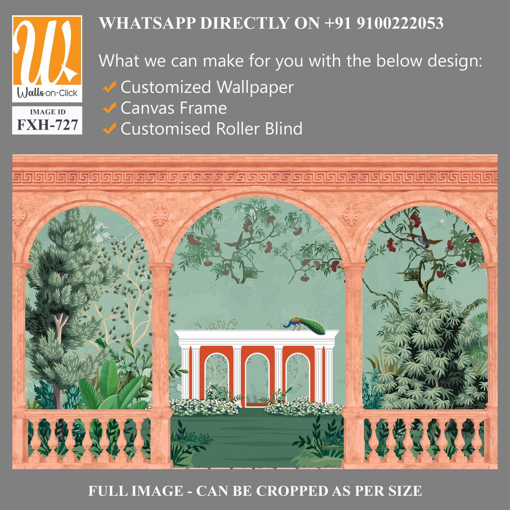 Ancient greek garden wallpaper.Greek, Roman, Greek arch, garden, peacock, wallpaper Illustrations. Roman architecture dome, fountain, parrot landscape illustration for wallpaper. [WP-FXH-727]