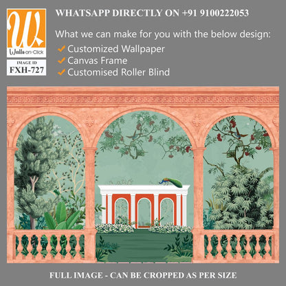 Ancient greek garden wallpaper.Greek, Roman, Greek arch, garden, peacock, wallpaper Illustrations. Roman architecture dome, fountain, parrot landscape illustration for wallpaper. [WP-FXH-727]