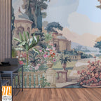 Victorian garden with peacock and Mediterranean architecture in watercolor Illustration for wallpaper [WP-FXH-728]