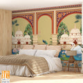 Mugal arch, Mughal garden,lake, lotus, swan, peacock wallpaper illustrations. Water lily and swan in a beautiful lake. Botanical tree landscape illustration. [WP-FXH-734]