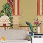 Mugal arch, Mughal garden,lake, lotus, swan, peacock wallpaper illustrations. Water lily and swan in a beautiful lake. Botanical tree landscape illustration. [WP-FXH-734]
