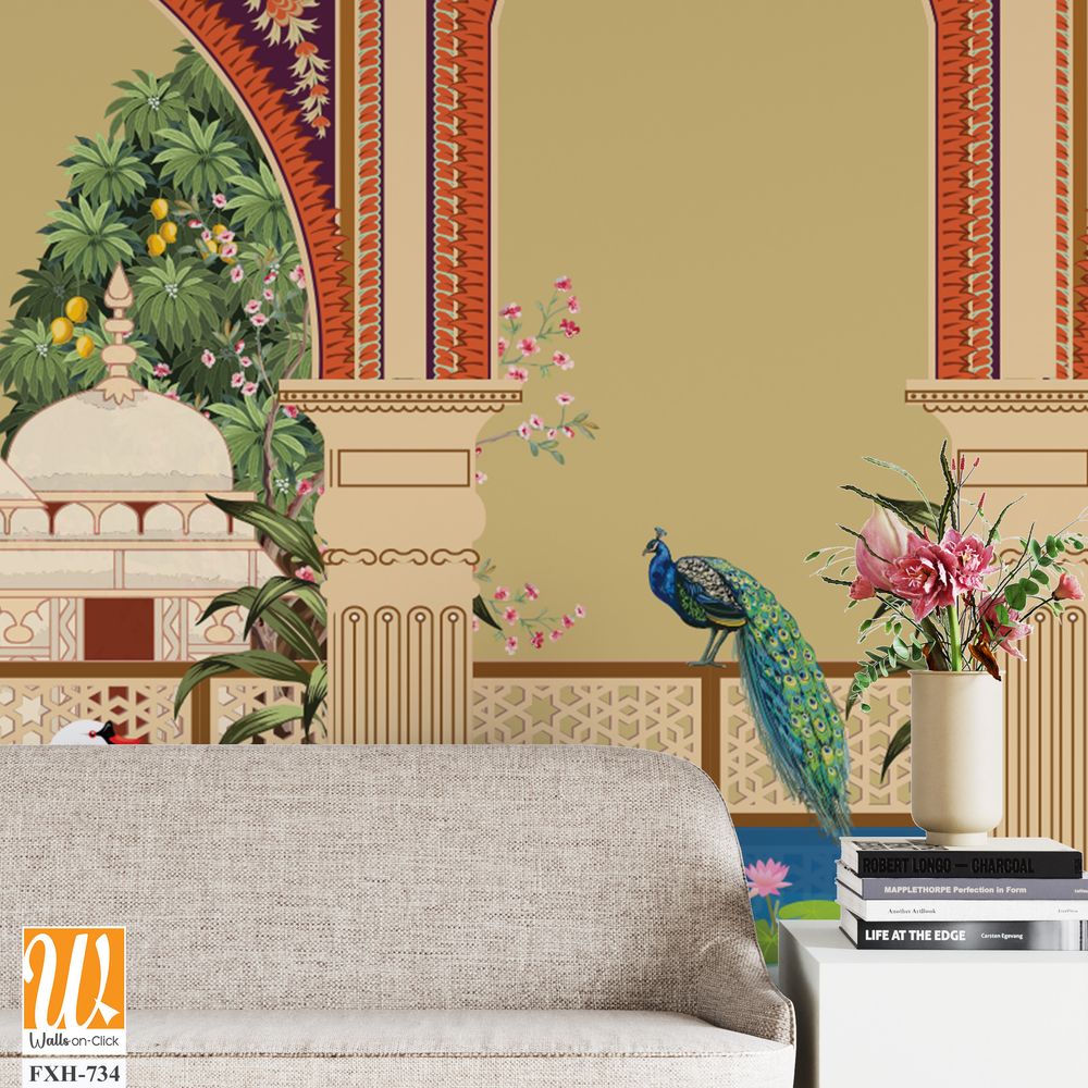 Mugal arch, Mughal garden,lake, lotus, swan, peacock wallpaper illustrations. Water lily and swan in a beautiful lake. Botanical tree landscape illustration. [WP-FXH-734]