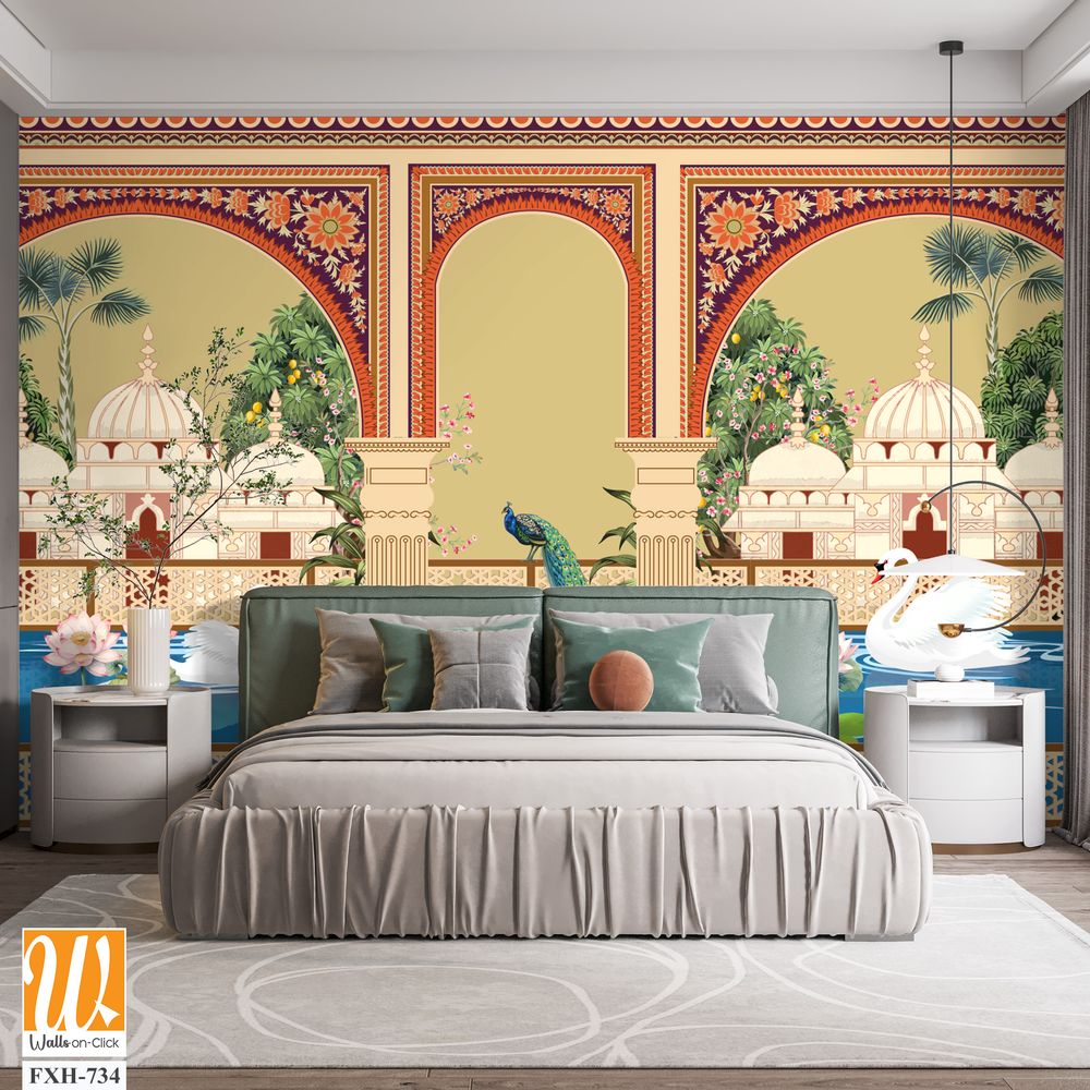 Mugal arch, Mughal garden,lake, lotus, swan, peacock wallpaper illustrations. Water lily and swan in a beautiful lake. Botanical tree landscape illustration. [WP-FXH-734]