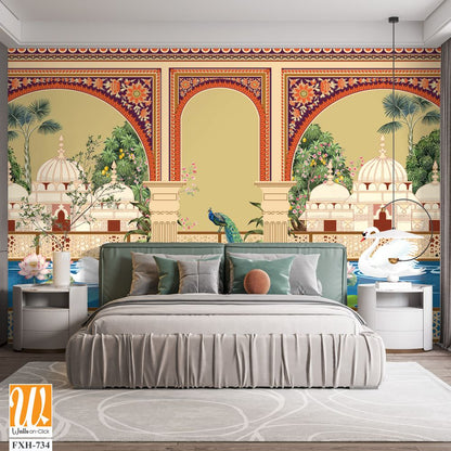 Mugal arch, Mughal garden,lake, lotus, swan, peacock wallpaper illustrations. Water lily and swan in a beautiful lake. Botanical tree landscape illustration. [WP-FXH-734]