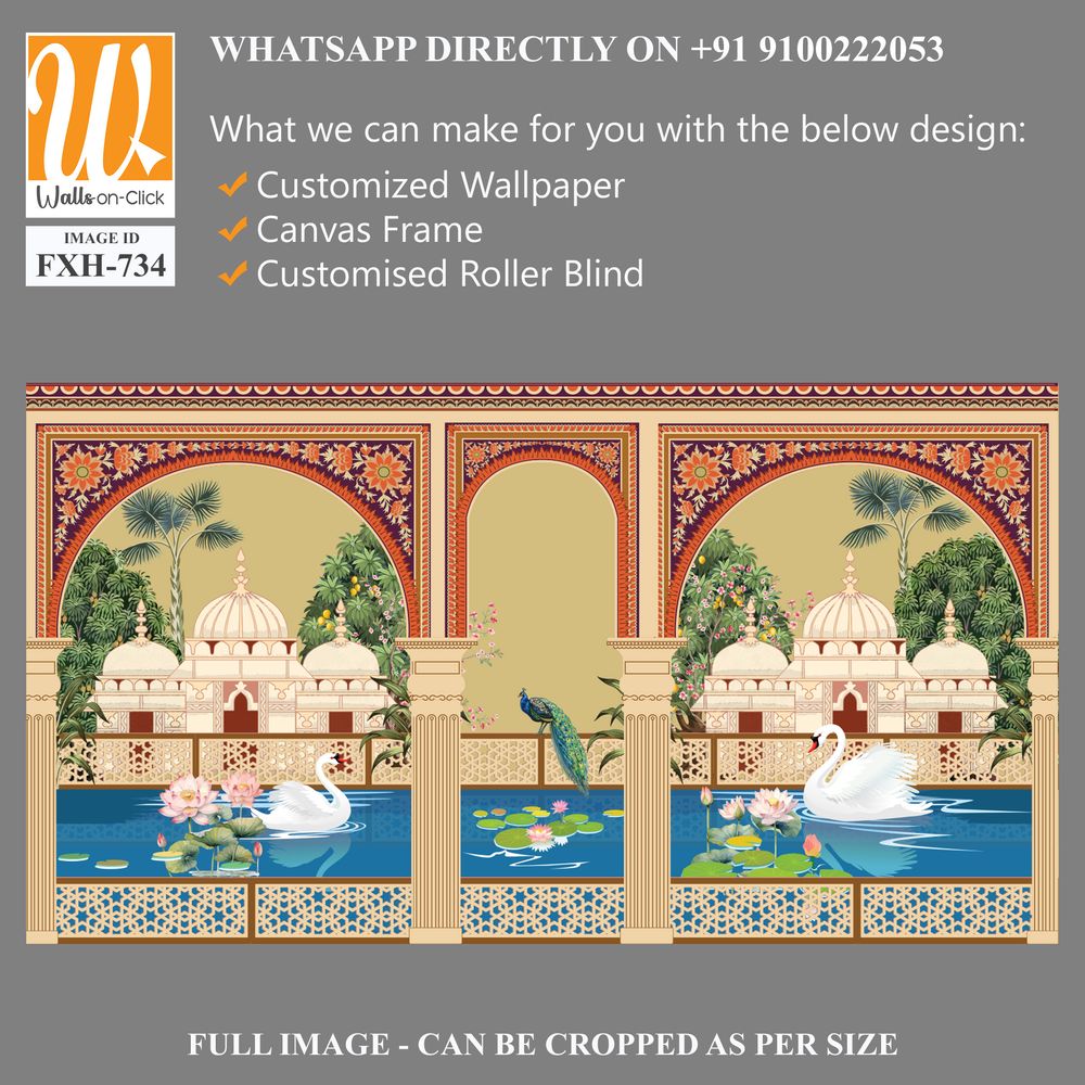 Mugal arch, Mughal garden,lake, lotus, swan, peacock wallpaper illustrations. Water lily and swan in a beautiful lake. Botanical tree landscape illustration. [WP-FXH-734]