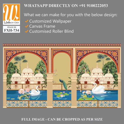 Mugal arch, Mughal garden,lake, lotus, swan, peacock wallpaper illustrations. Water lily and swan in a beautiful lake. Botanical tree landscape illustration. [WP-FXH-734]