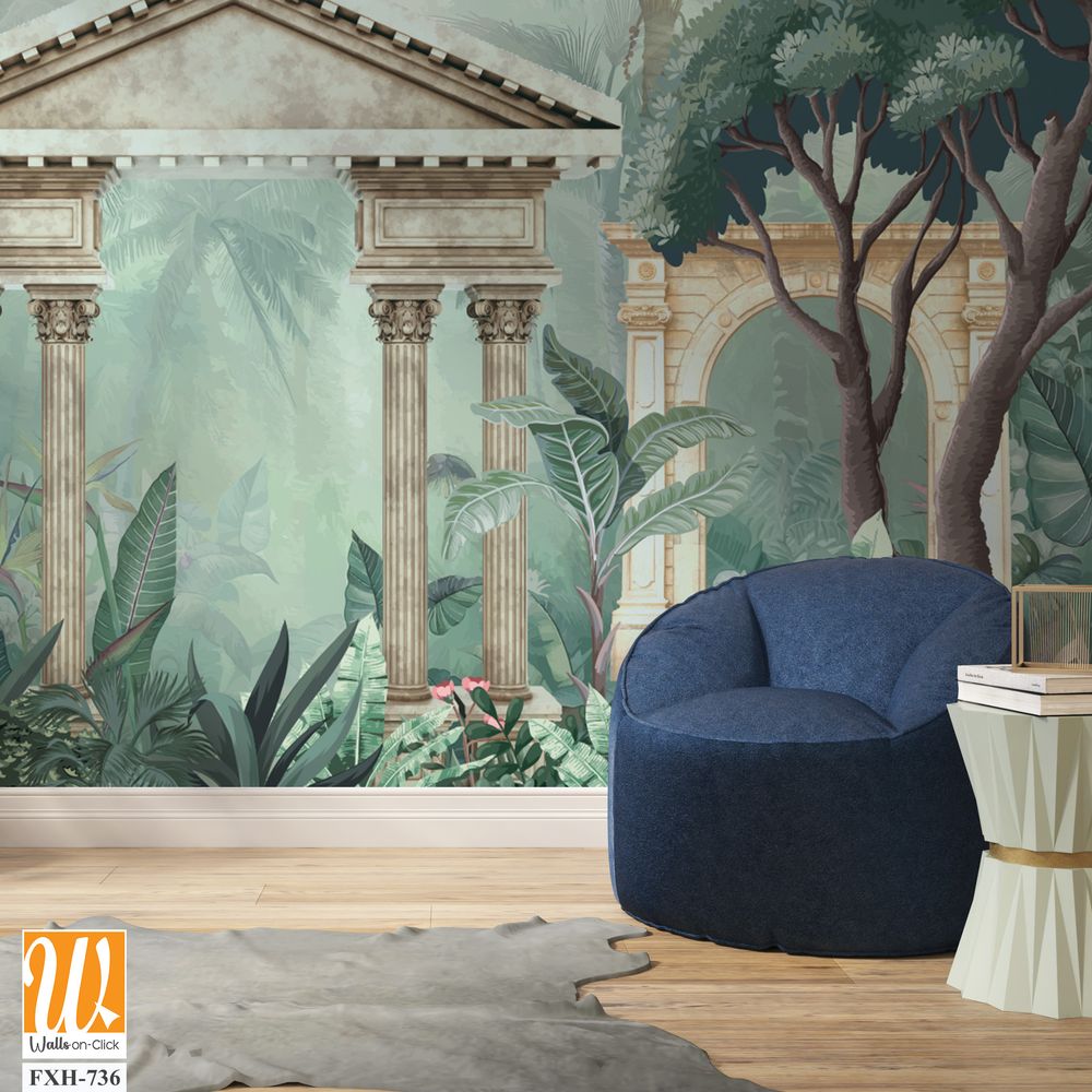 Traditional Mughal garden, peacock, plant botanical illustration. Mural wallpaper design, landscape illustration. [WP-FXH-736]