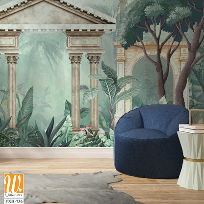 Traditional Mughal garden, peacock, plant botanical illustration. Mural wallpaper design, landscape illustration. [WP-FXH-736]