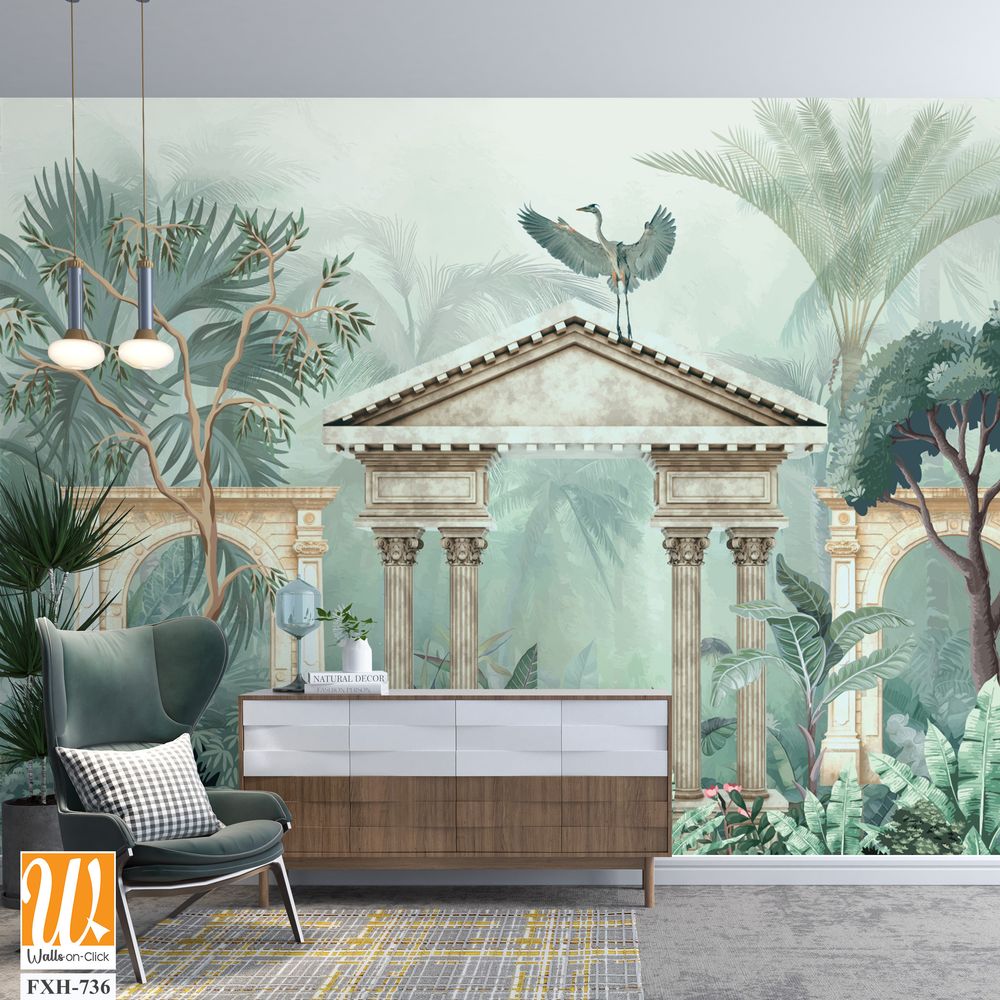 Traditional Mughal garden, peacock, plant botanical illustration. Mural wallpaper design, landscape illustration. [WP-FXH-736]