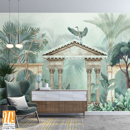 Traditional Mughal garden, peacock, plant botanical illustration. Mural wallpaper design, landscape illustration. [WP-FXH-736]