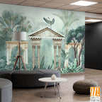 Traditional Mughal garden, peacock, plant botanical illustration. Mural wallpaper design, landscape illustration. [WP-FXH-736]