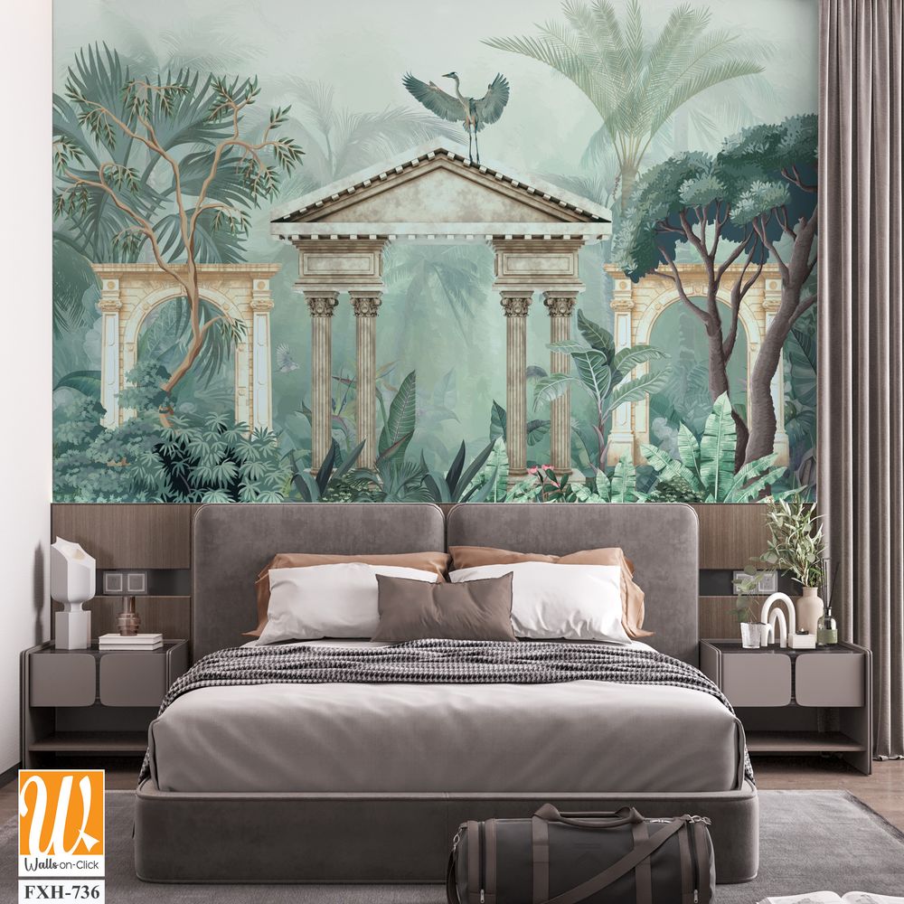 Traditional Mughal garden, peacock, plant botanical illustration. Mural wallpaper design, landscape illustration. [WP-FXH-736]