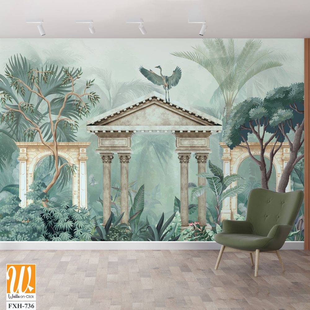 Traditional Mughal garden, peacock, plant botanical illustration. Mural wallpaper design, landscape illustration. [WP-FXH-736]