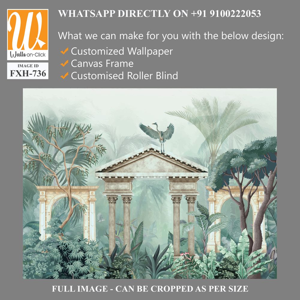 Traditional Mughal garden, peacock, plant botanical illustration. Mural wallpaper design, landscape illustration. [WP-FXH-736]